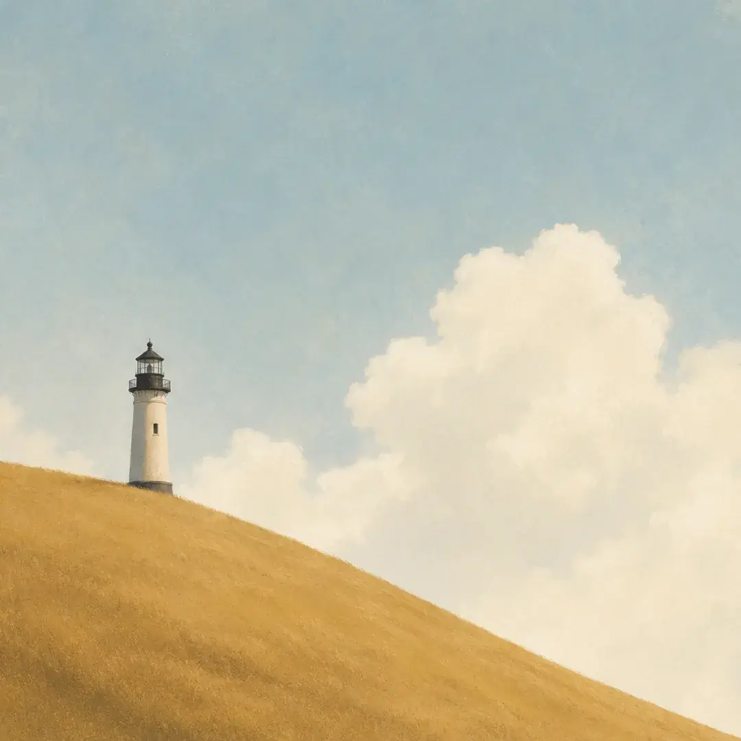 Illustration of a lighthouse on a hillside under a wide sky