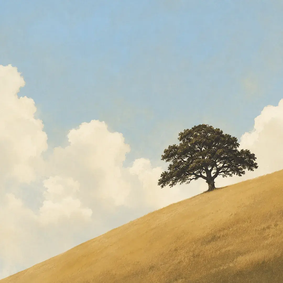 Illustration of a lone tree on a hillside under a wide sky