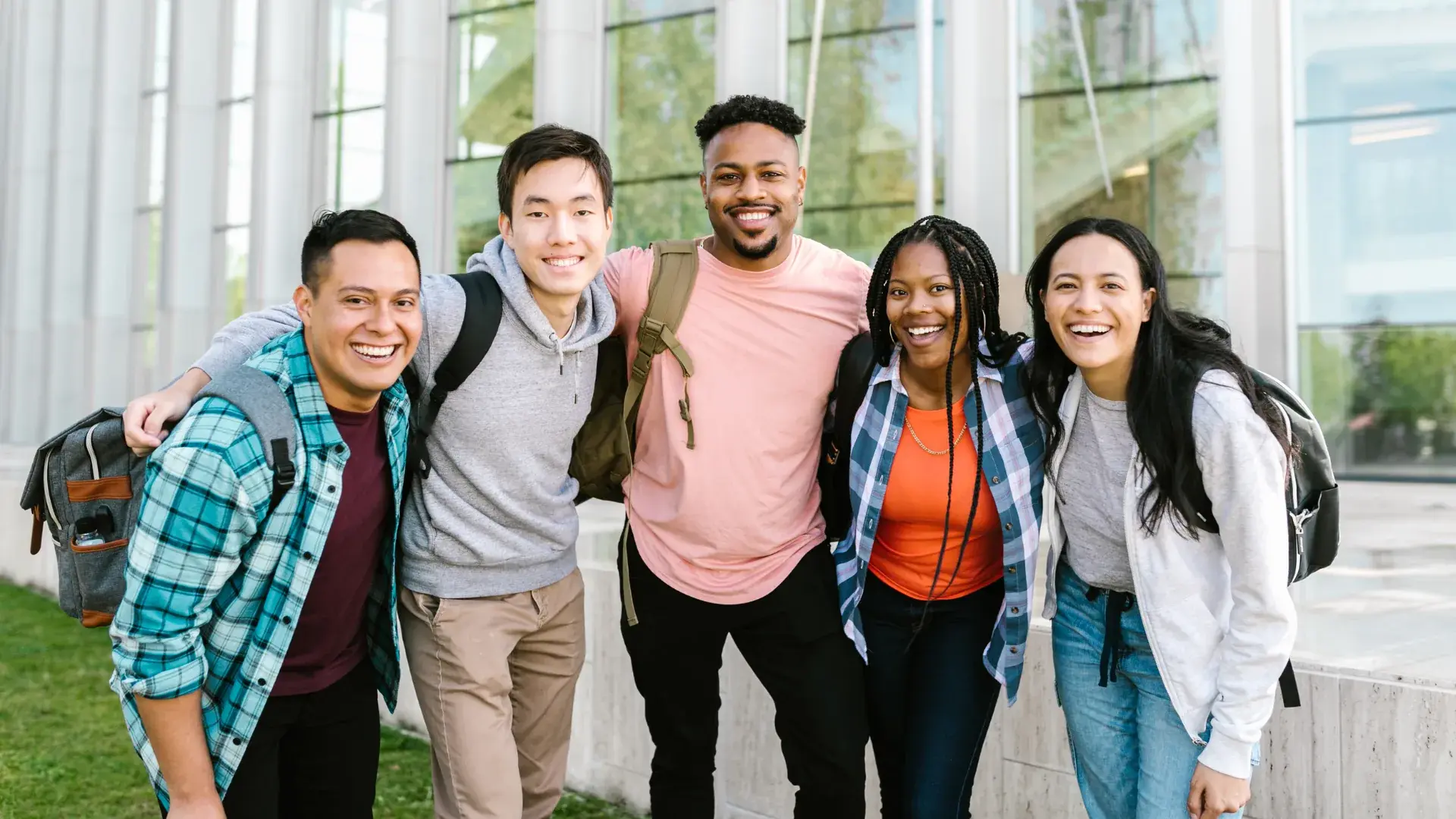 A group of students together on campus