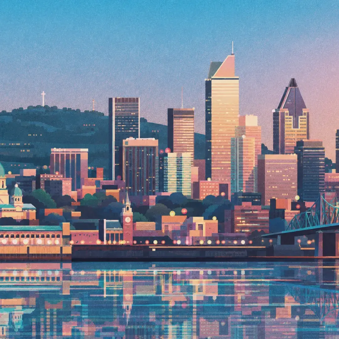 Illustration of the Montreal skyline reflected in the water
