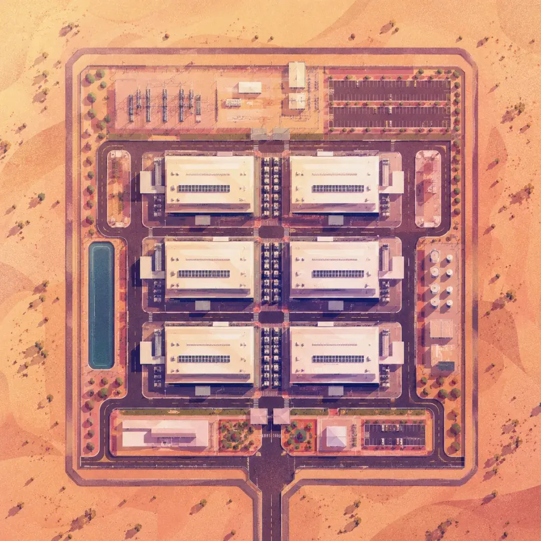 Aerial illustration of a data centre campus in the desert