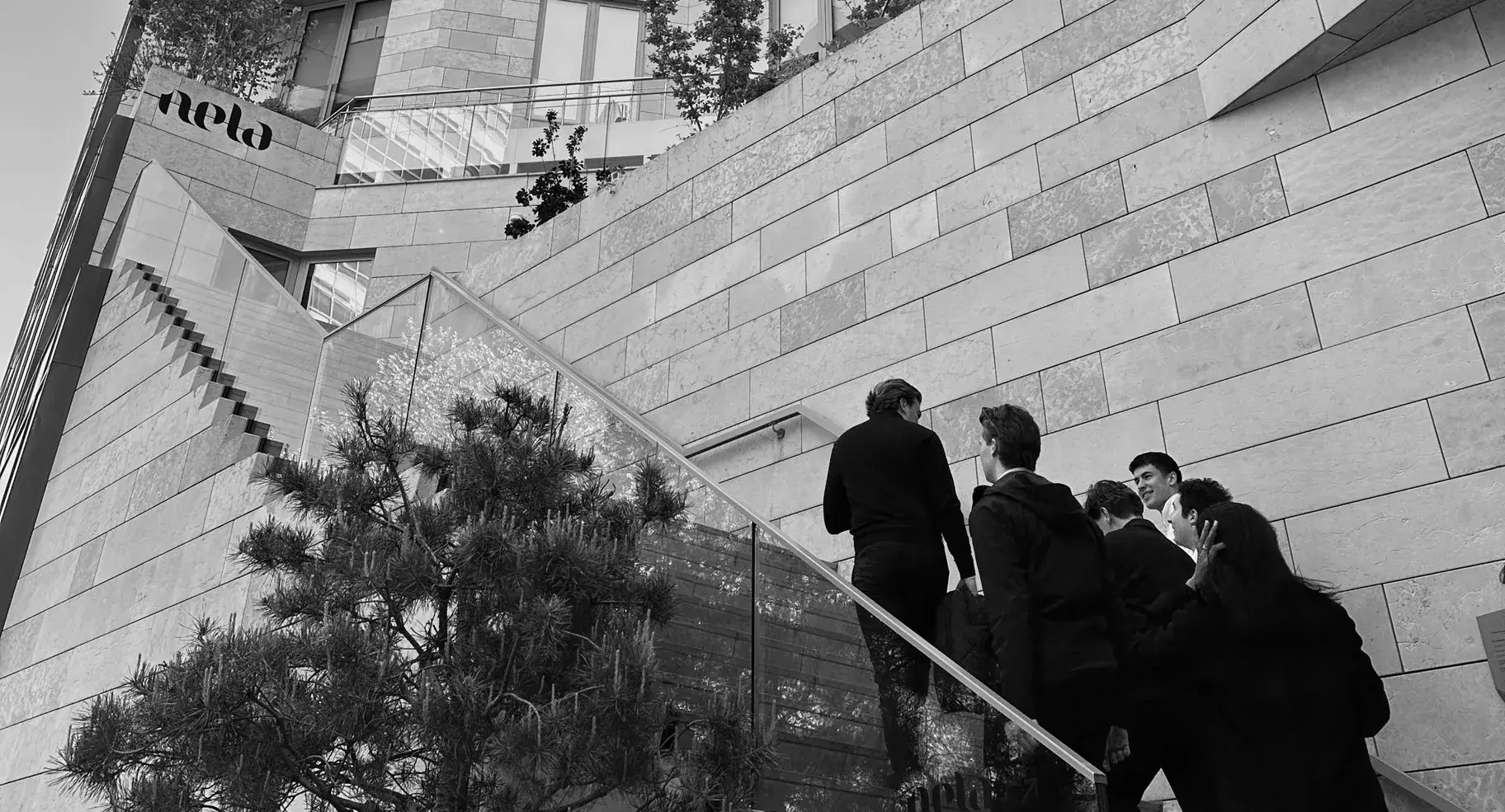 Members on the terraced stone steps of Valley in the Zuidas