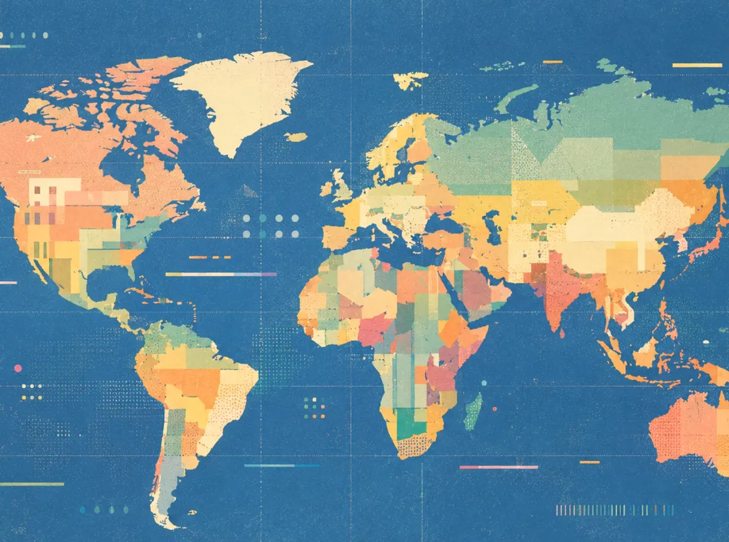 Illustration of a world map with REA's markets highlighted