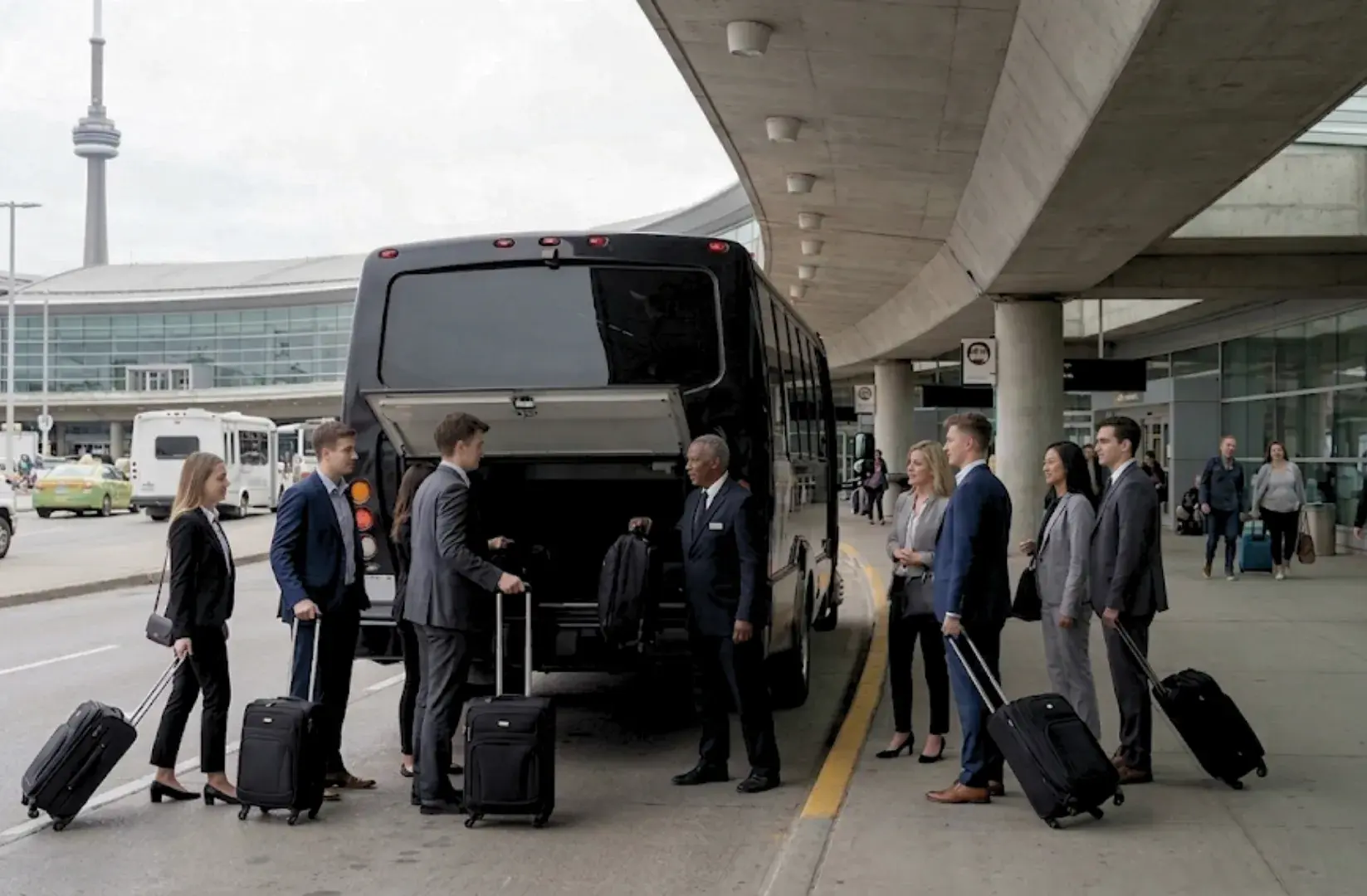 Members arriving at an airport terminal with luggage