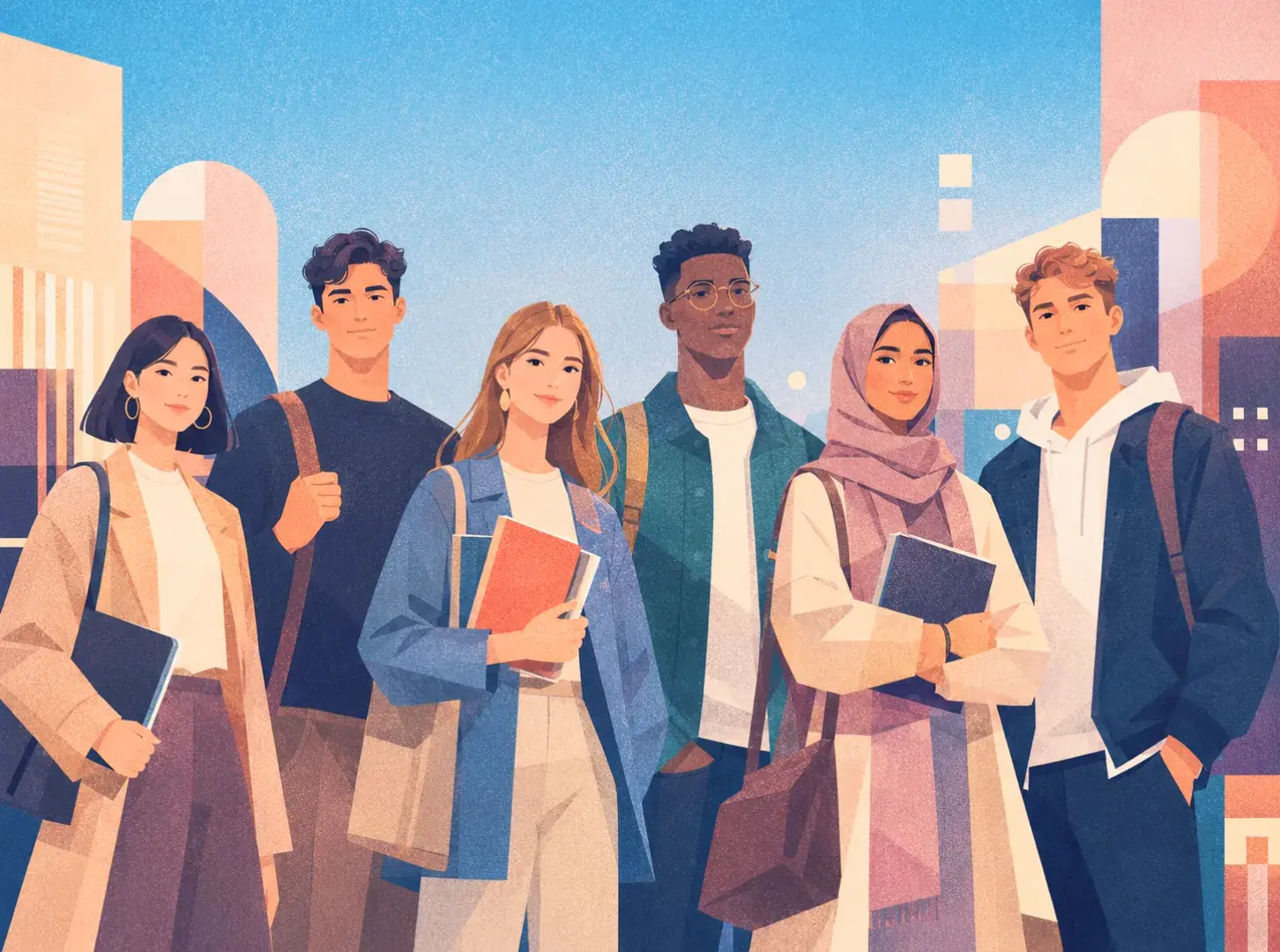 Illustration of a group of students on campus